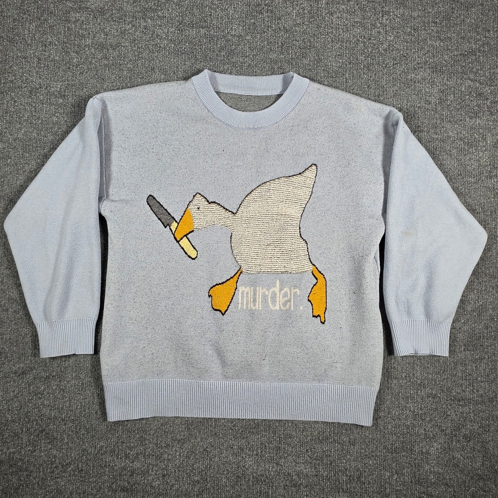 Light Blue Goose With Knife Murder Graphic Knit Crewneck Sweater Pullover